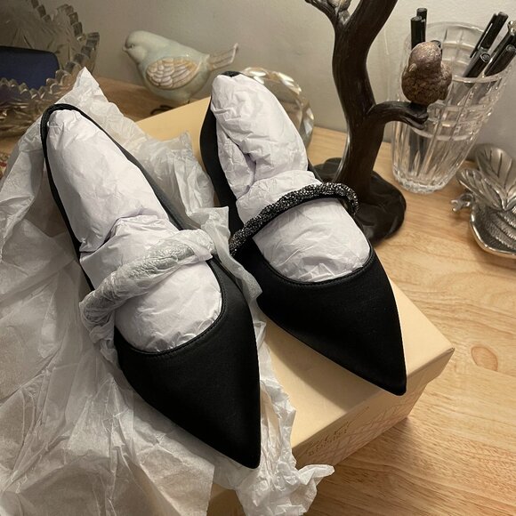 BADGLEY MISCHKA JEWEL Vana Pointed Flats + Crystal Straps in  Black Satin Size 5 - Picture 6 of 8